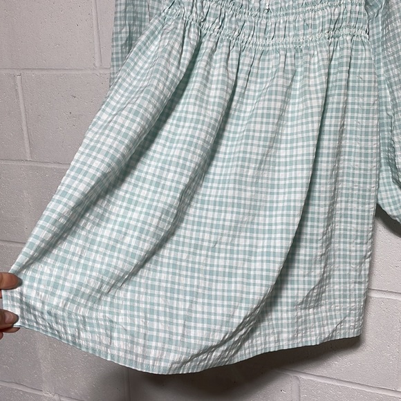 LEYDEN chambray smock elastic high waist balloon offshoulder gingham dress green - Picture 6 of 12